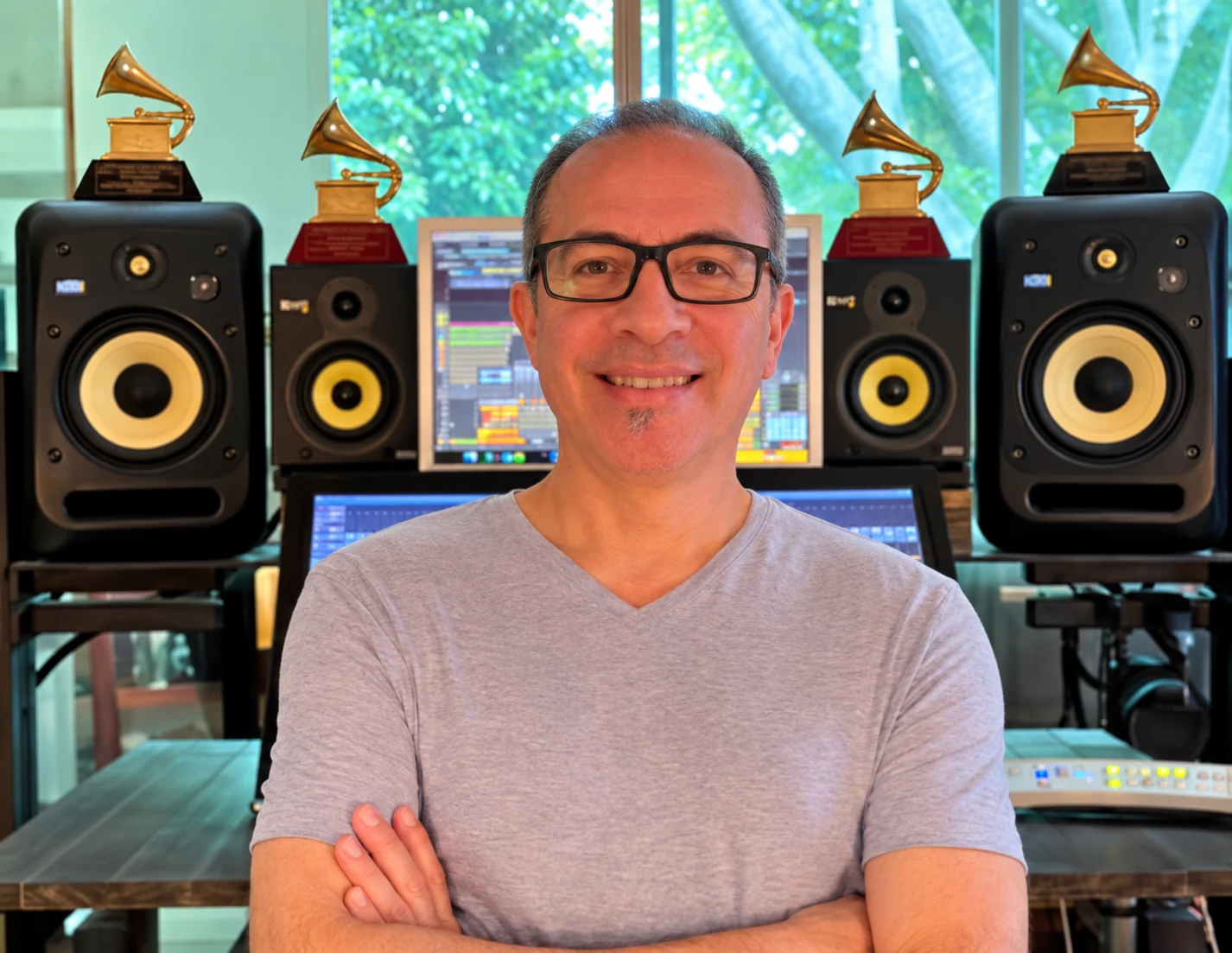Javier Garza in his studio with Grammy Awards and mixing monitors